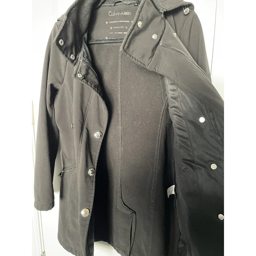 Calvin Klein Hooded Winter Coat Women's Size PM Black Mid-length Heavy Trench